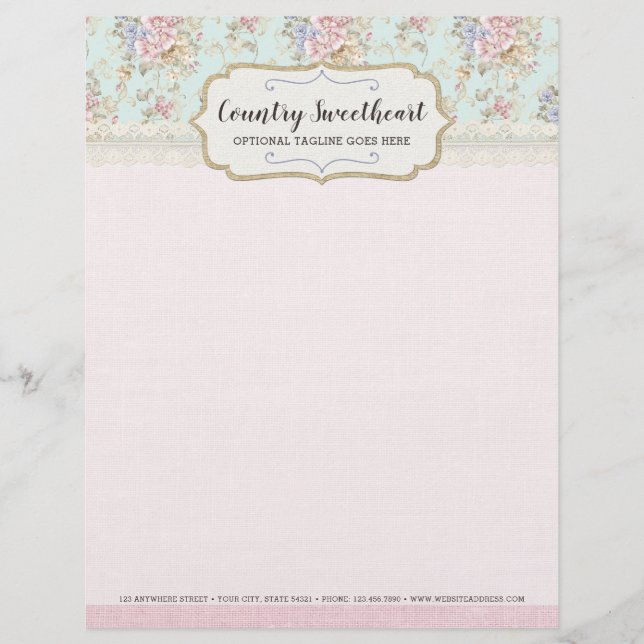 Shabby Chic Pink Floral  Farmhouse Boutique Briefhoofd (Voorkant)