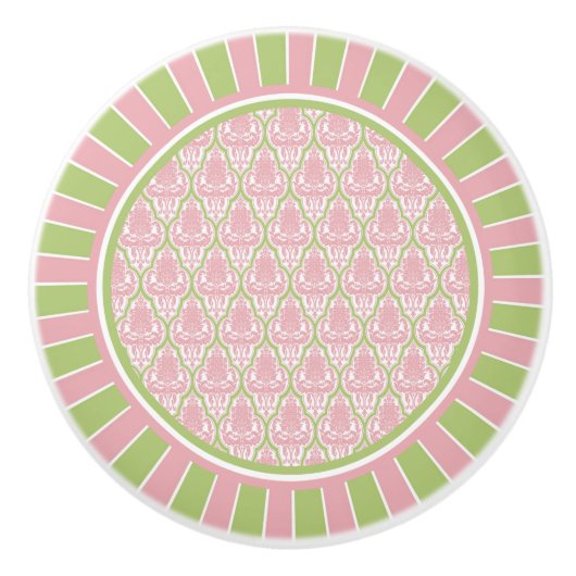 Shabby Chic Pink & Green Damask Keramische Knop (Voorkant)