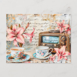 Shabby chic Pink Lily with Antique Radio Receiver Briefkaart