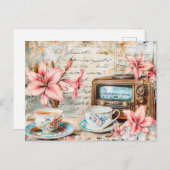 Shabby chic Pink Lily with Antique Radio Receiver Briefkaart (Voorkant / Achterkant)