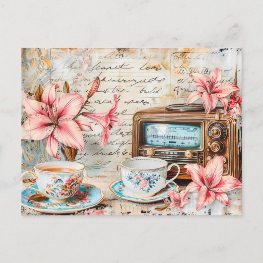 Shabby chic Pink Lily with Antique Radio Receiver Briefkaart (Voorkant)