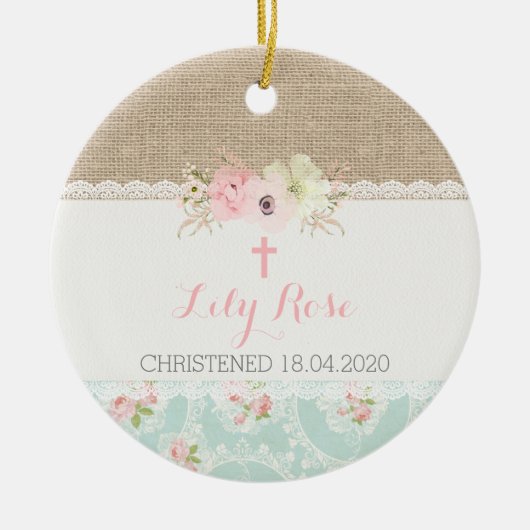 Shabby Chic Pink, Mint, Lace en Burlap Religieuze Keramisch Ornament (Voorkant)