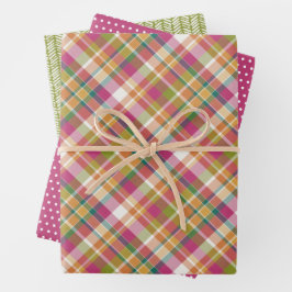 Shabby Chic Pink Oranje Green White Gingham Inpakpapier Vel