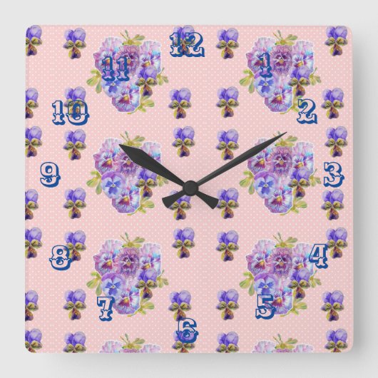 Shabby Chic Pink Pansies Pansy Floral Art Clock Vierkante Klok (Voorkant)