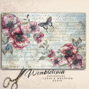 Shabby Chic Pink Poppies & Butterfly Decoupage Tissuepapier