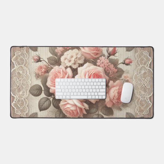  Shabby Chic Pink Rose Bloemen Bureaumat (Keyboard & Muis)