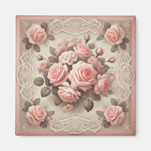  Shabby Chic Pink Rose Bloemen Magneet (Voorkant)