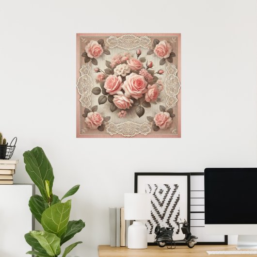  Shabby Chic Pink Rose Bloemen Poster (Thuiskantoor)