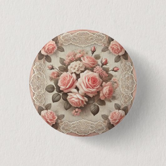  Shabby Chic Pink Rose Bloemen Ronde Button 3,2 Cm (Voorkant)