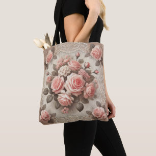 Shabby Chic Pink Rose Bloemen Tote Bag