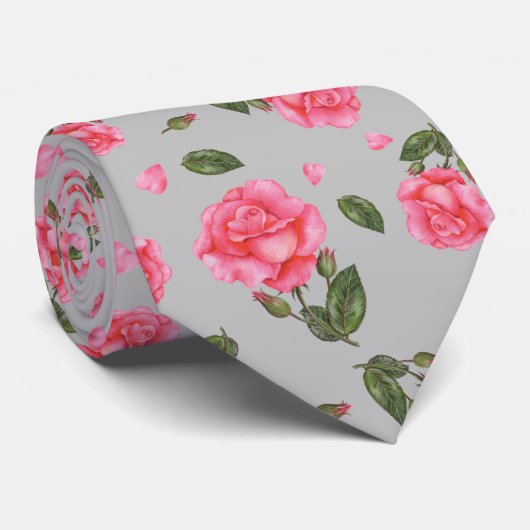 Shabby Chic Pink Rose Botanische illustratie Stropdas (Opgerold)