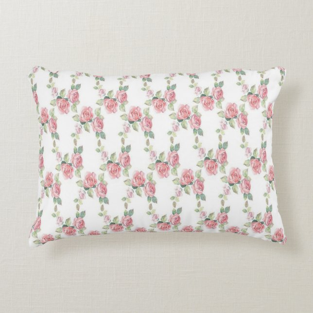 Shabby Chic Pink Rose Floral Accent Kussen (Voorkant)