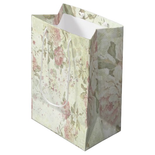 Shabby Chic Pink Rose Floral Medium Cadeauzakje (Voorkant Gekanteld)