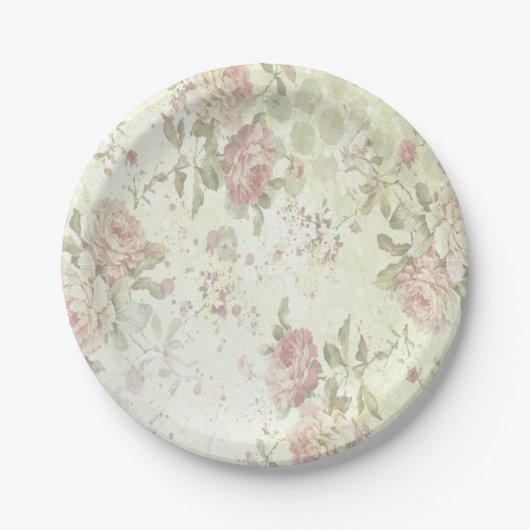 Shabby Chic Pink Rose Floral Papieren Bordje (Voorkant)
