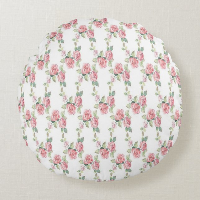 Shabby Chic Pink Rose Floral Rond Kussen (Voorkant)