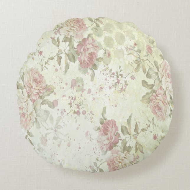Shabby Chic Pink Rose Floral Round Pillow Rond Kussen (Voorkant)