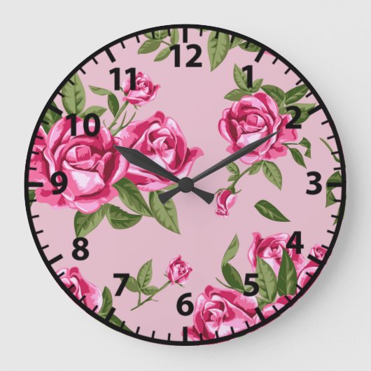 Shabby Chic Pink Rose Pattern-Rozen Grote Klok (Voorkant)