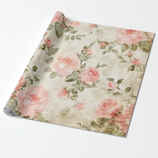 Shabby Chic Pink Roses Naadloos Patroon Cadeaupapier (Uitgerold)