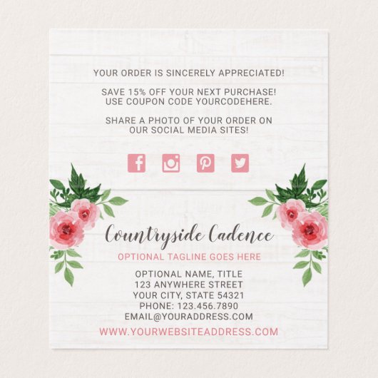 Shabby Chic Pink Roses op Rustisch Land Dank je Kaart (Binnenkant ongevouwen)