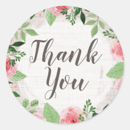 Shabby Chic Pink Roses op Rustisch Land Dank je Ronde Sticker