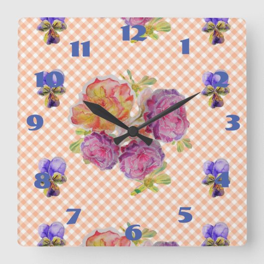 Shabby Chic Pink Roses Roos Floral Check Clock Vierkante Klok (Voorkant)