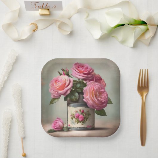 Shabby Chic Pink Roses Square Paper Bord (Huwelijk)
