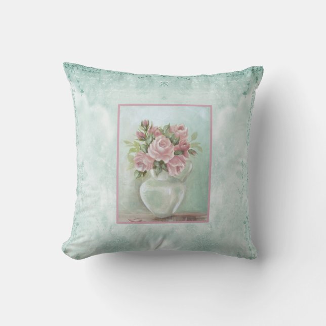 Shabby Chic Pink  Rozen op Blauwgroen Kussen (Voorkant)