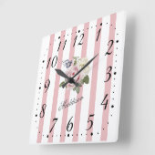 Shabby Chic Pink Striped Rose Bouquet Monogrammed Vierkante Klok (Hoek)