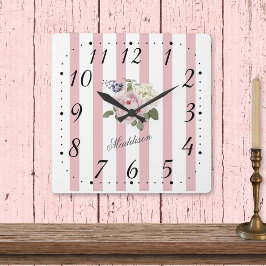 Shabby Chic Pink Striped Rose Bouquet Monogrammed Vierkante Klok