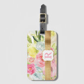 Shabby Chic  Pink Waterverf Roos Monogram Bagagelabel (Voorkant (verticaal))