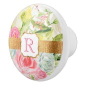 Shabby Chic  Pink Waterverf Roos Monogram Keramische Knop (Rechts)
