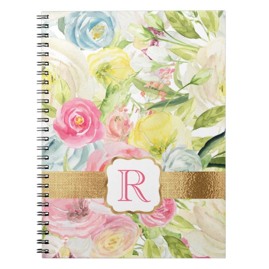 Shabby Chic  Pink Waterverf Roos Monogram Notitieboek (Voorkant)