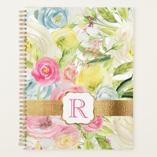 Shabby Chic  Pink Waterverf Roos Monogram Planner (Voorkant)