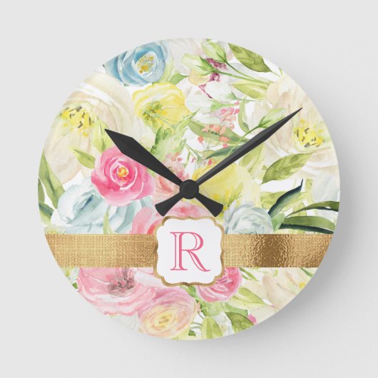 Shabby Chic  Pink Waterverf Roos Monogram Ronde Klok (Voorkant)
