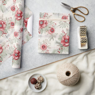 Shabby Chic Plaid Floral Berry Mix Cadeaupapier