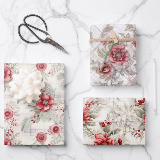 Shabby Chic Plaid Floral Berry Mix Inpakpapier Vel (Voorkant)