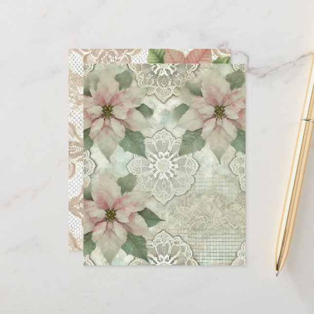Shabby Chic Poinsettia en kant plakboek papier (Voorkant / Achterkant in situ)
