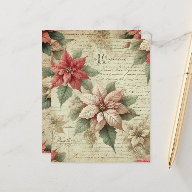 Shabby Chic Poinsettia op Script Scrapbook Paper (Voorkant / Achterkant in situ)