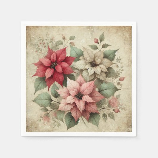 Shabby Chic Poinsettias op linnen Decoupage servet (Voorkant)