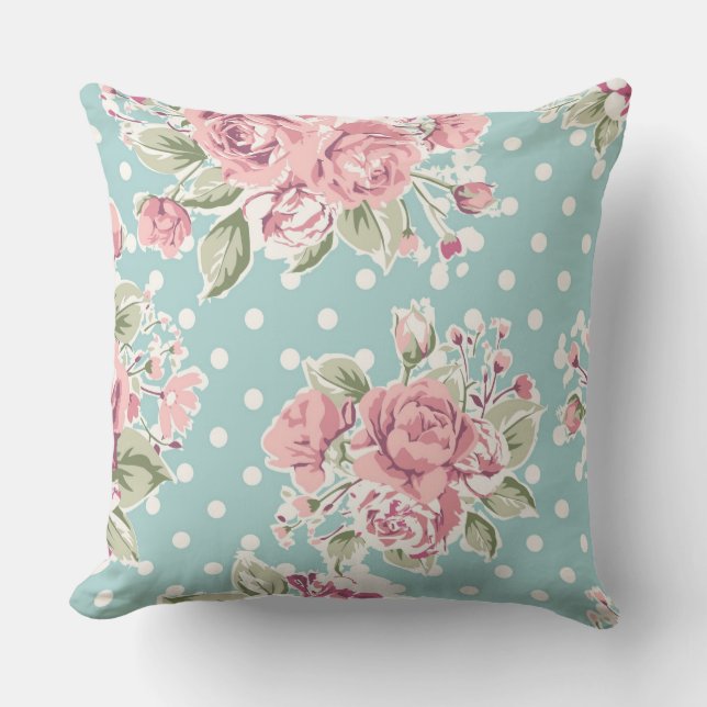 shabby chic, polka dots, roze rozen, , schattig, v buitenkussen (Voorkant)