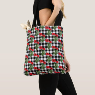 Shabby Chic Red, Black & White Poppies Gingham Tote Bag