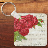  Shabby Chic Red Roses Antiek script Sleutelhanger (Voorkant)