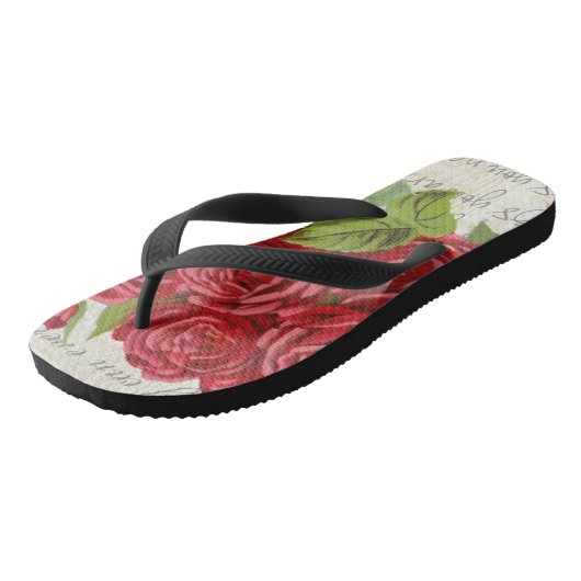 Shabby Chic Red Roses op Antiek script Teenslippers (Schuin)