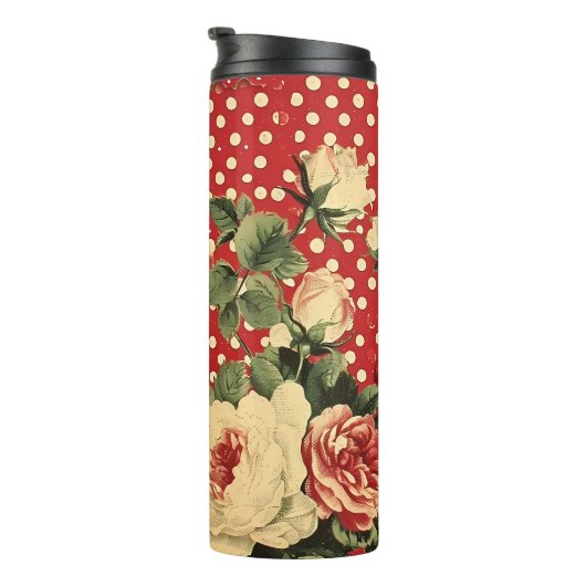 Shabby Chic Rode Bloemen Hart Spot Mix Thermosbeker (Geroteerd rechts)