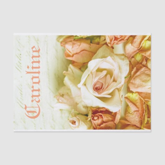 Shabby Chic Romantic Peach Rozen Persoonlijke naam Tissuepapier (Voorkant)
