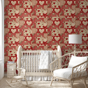 Shabby Chic Rood Patchwork Patroon Behang