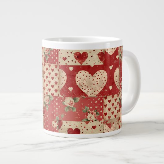 Shabby Chic Rood Patchwork Patroon Grote Koffiekop (Voorkant rechts)