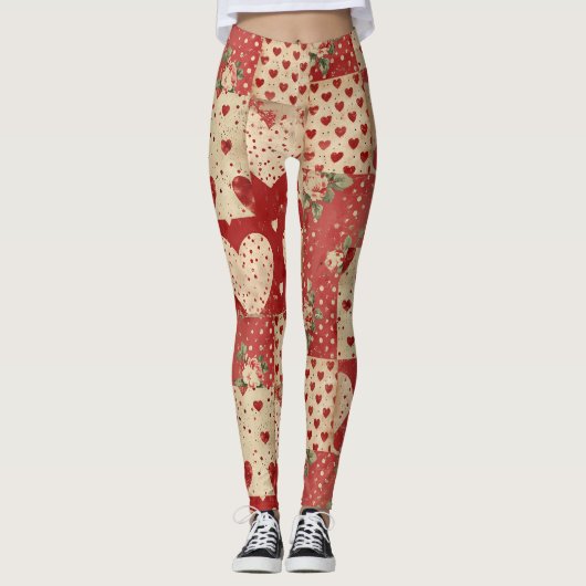 Shabby Chic Rood Patchwork Patroon Leggings (Voorkant)