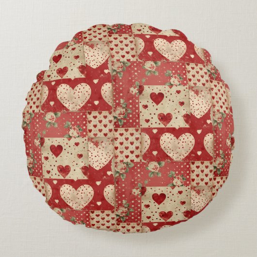 Shabby Chic Rood Patchwork Patroon Rond Kussen (Voorkant)