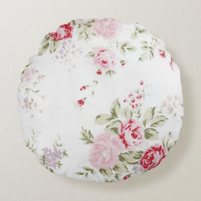Shabby Chic Roos Floral Rond Kussen (Voorkant)